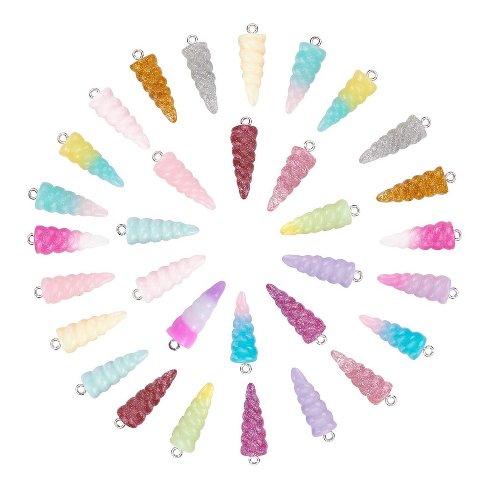 9086 1 Box 32Pcs Resin Unicorn Horn Charms Unicorn Charm Beads Glitter
